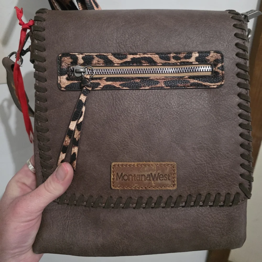 Montana West Brown Messenger Bag with Leopard Accent